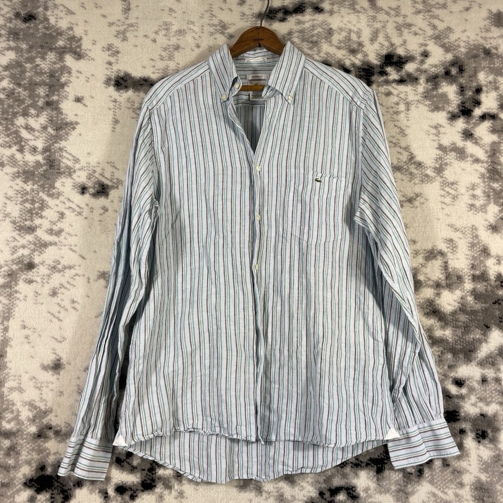 Lacoste Button Down Shirt Mens Size 40 Linen Cotton Striped Preppy Summer